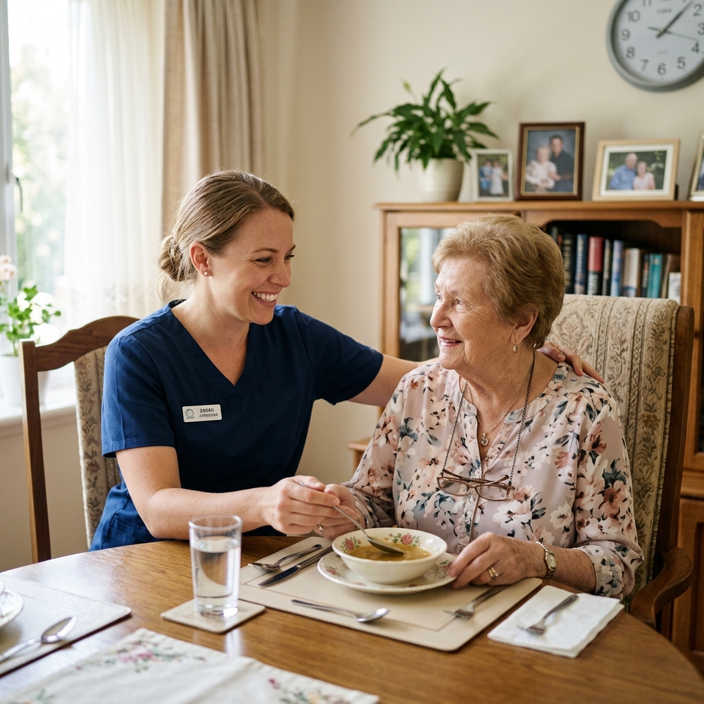 Caregiver warmly helping senior patient at home