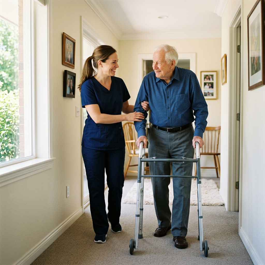 Caregiver warmly assisting patient in their home
